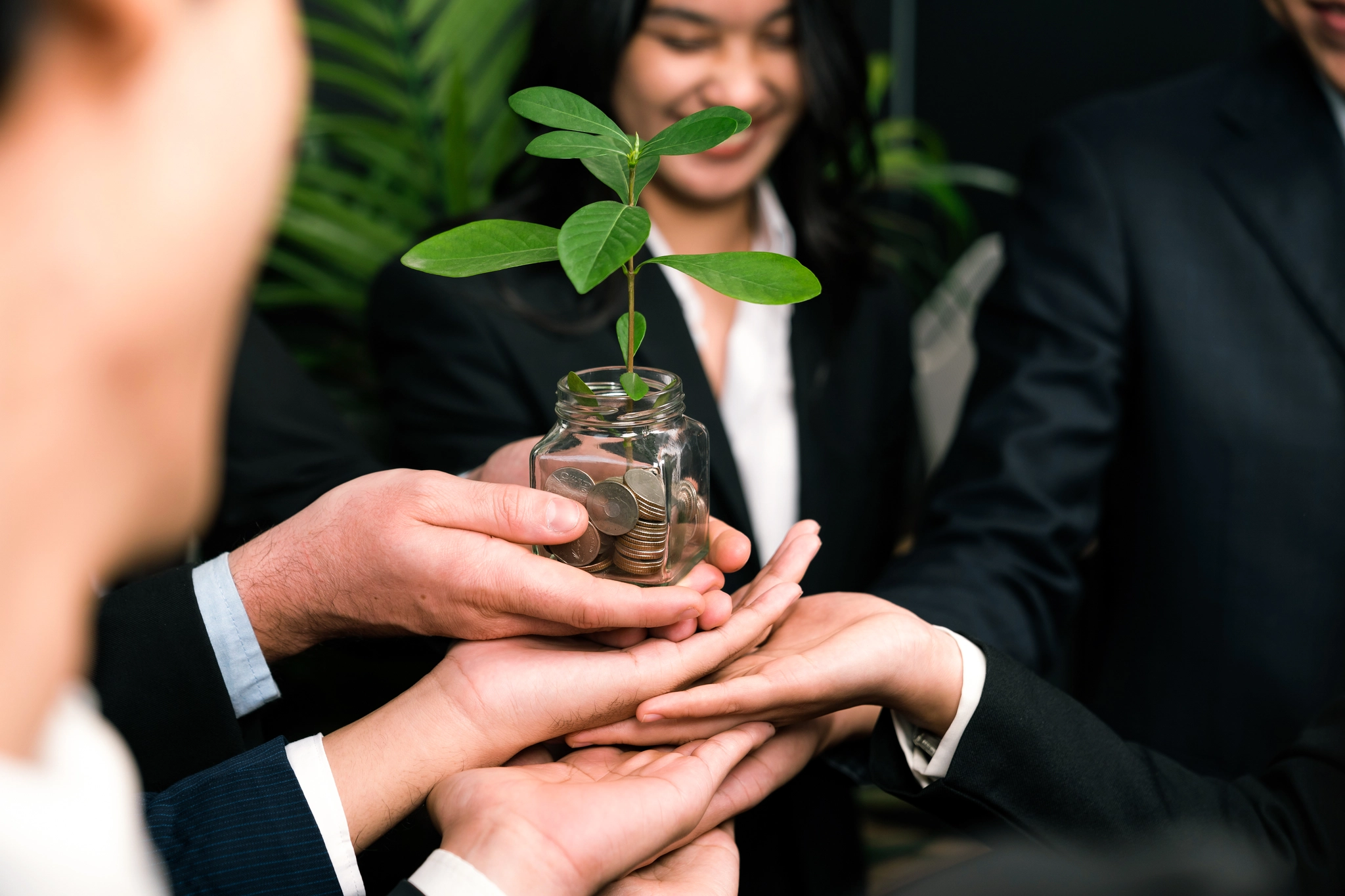 A group of professionals holding a plant filled with money, symbolising growth and prosperity in business.