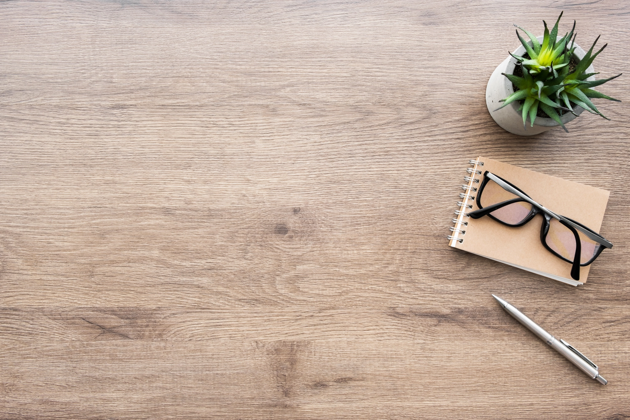 A notebook, pen, glasses, and a plant on a wooden table. A workspace with essential tools and a touch of nature.