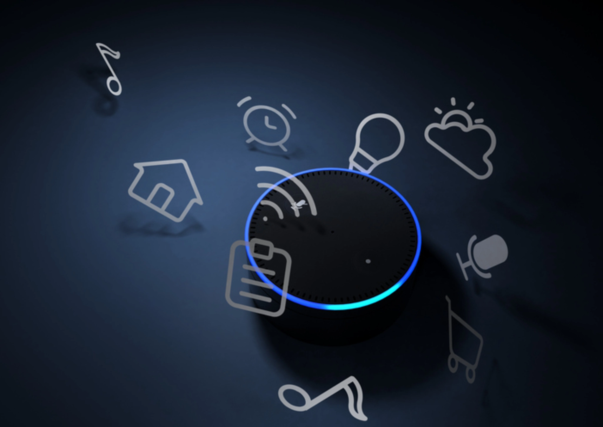 Amazon Echo Dot with icons displaying various smart home functions