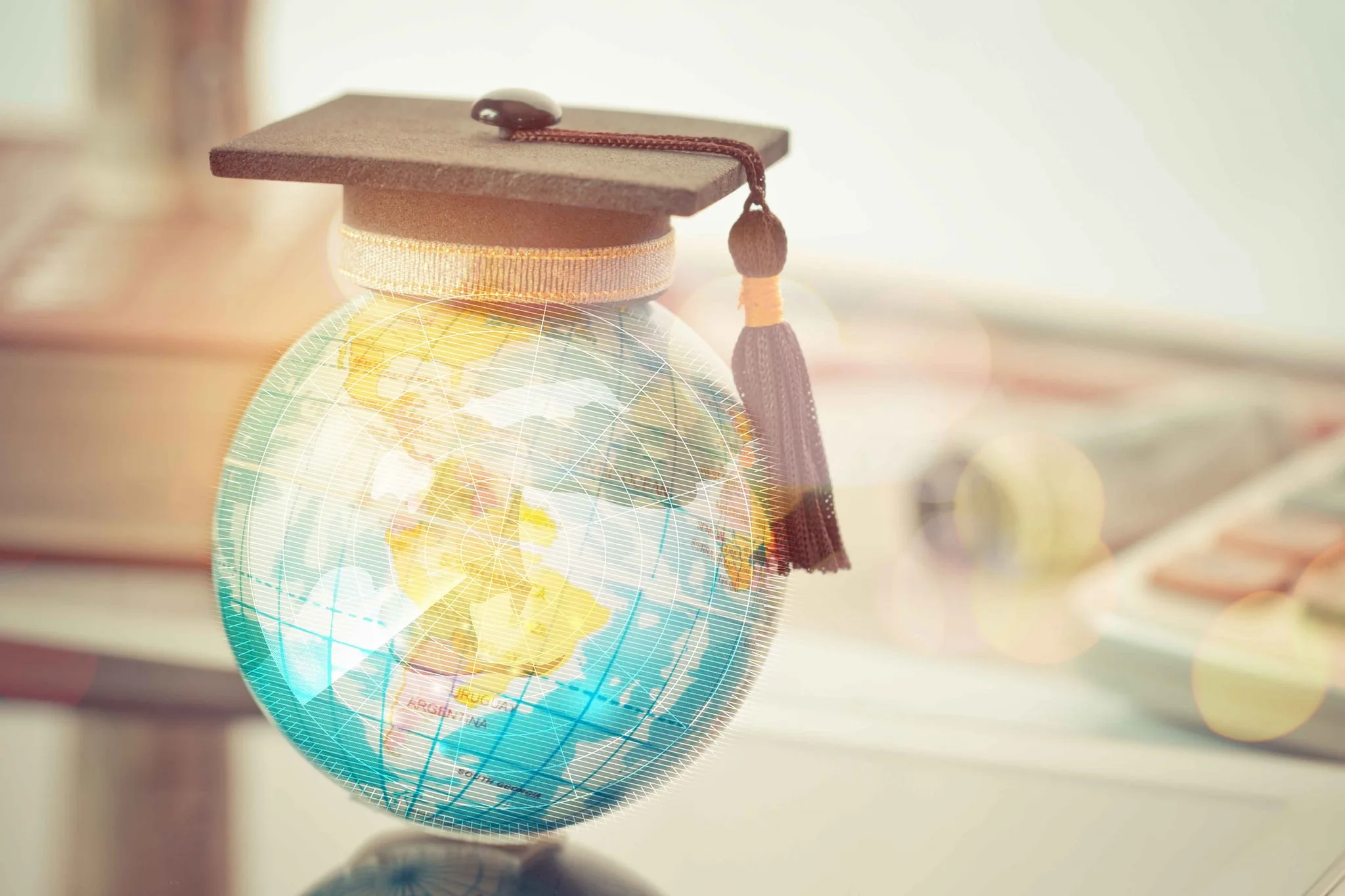 Globe with graduation cap symbolising academic achievement