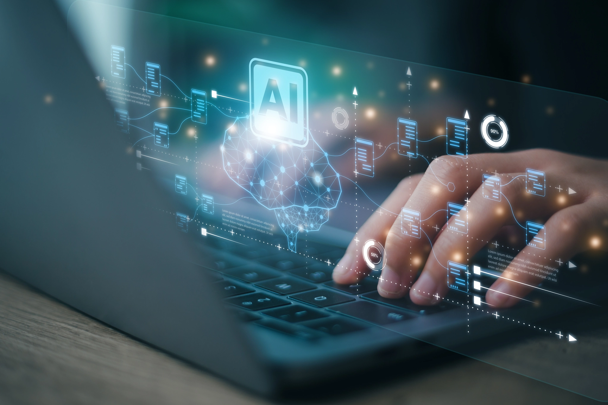 A futuristic representation of AI, data science and machine learning, showcasing advanced algorithms and data visualisation techniques.