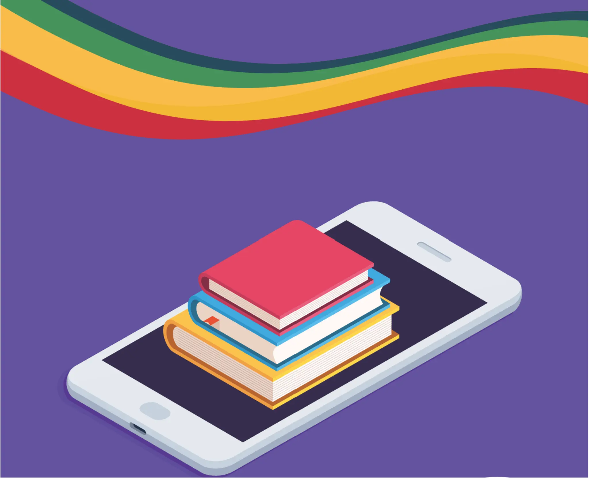 phone with books on top rainbow
