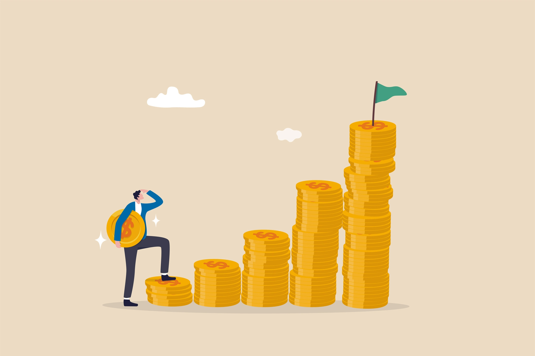 Businessman ascending a stack of coins, proudly holding a flag at the summit, symbolising financial success and achievement.