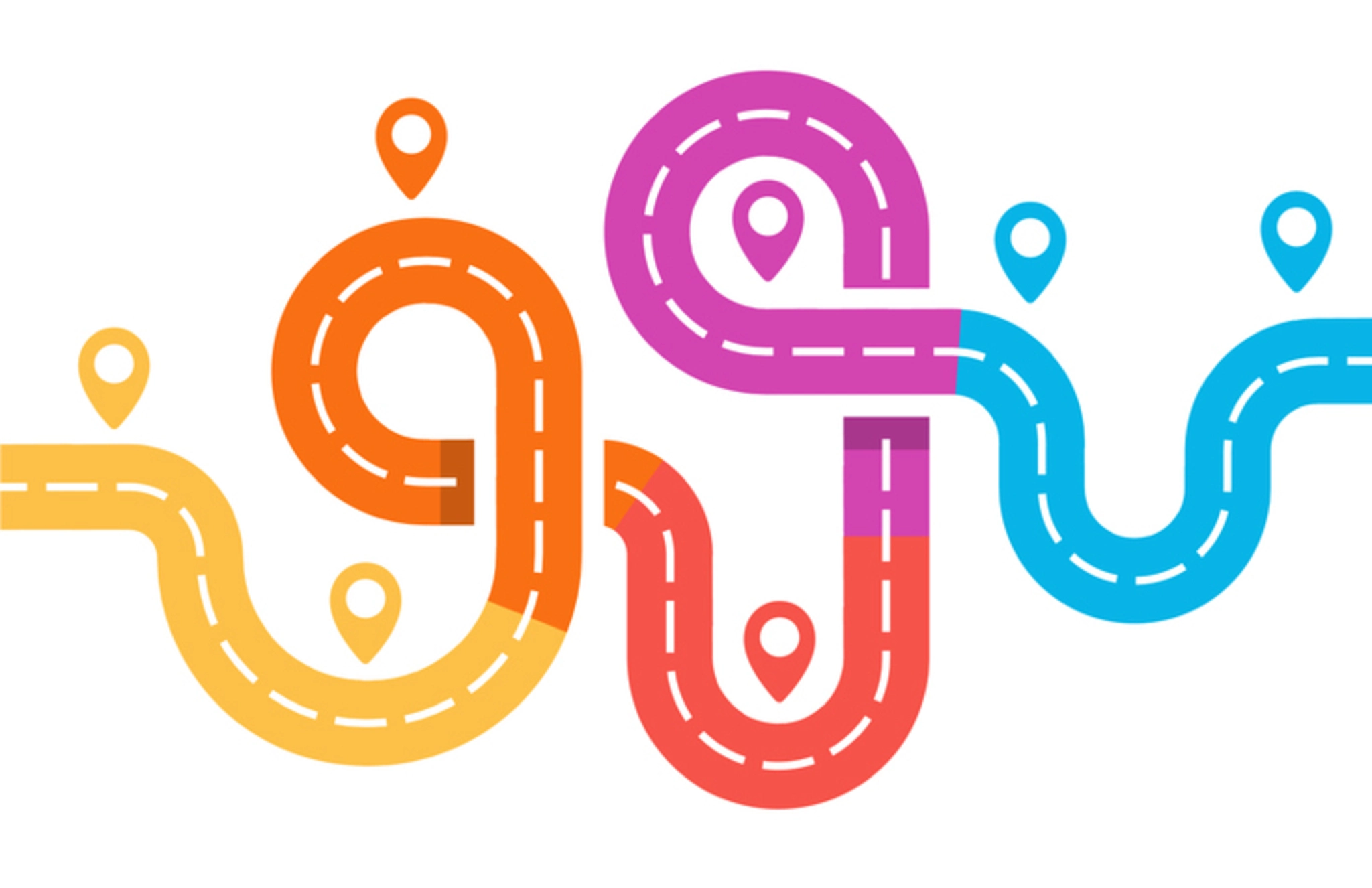 Colourful road with map and pins marking locations.