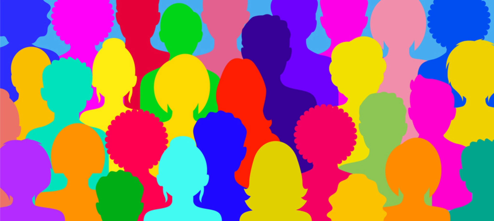 A diverse group of individuals standing in front of a vibrant, multicolored backdrop.