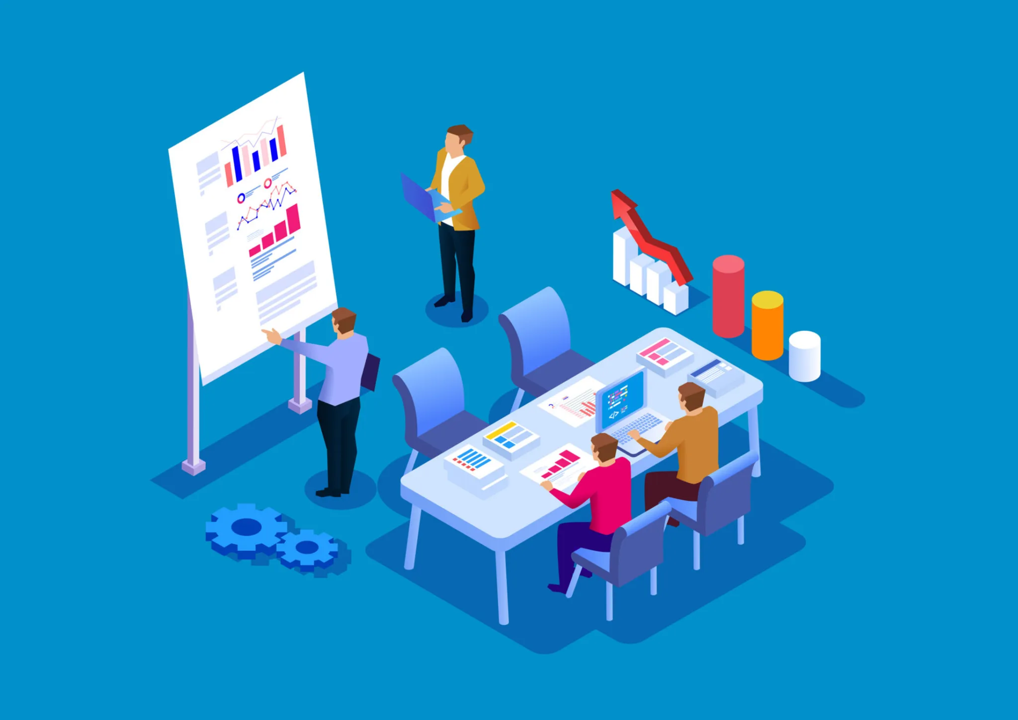 Isometric illustration of a business meeting featuring people discussing graphs and data on a board.